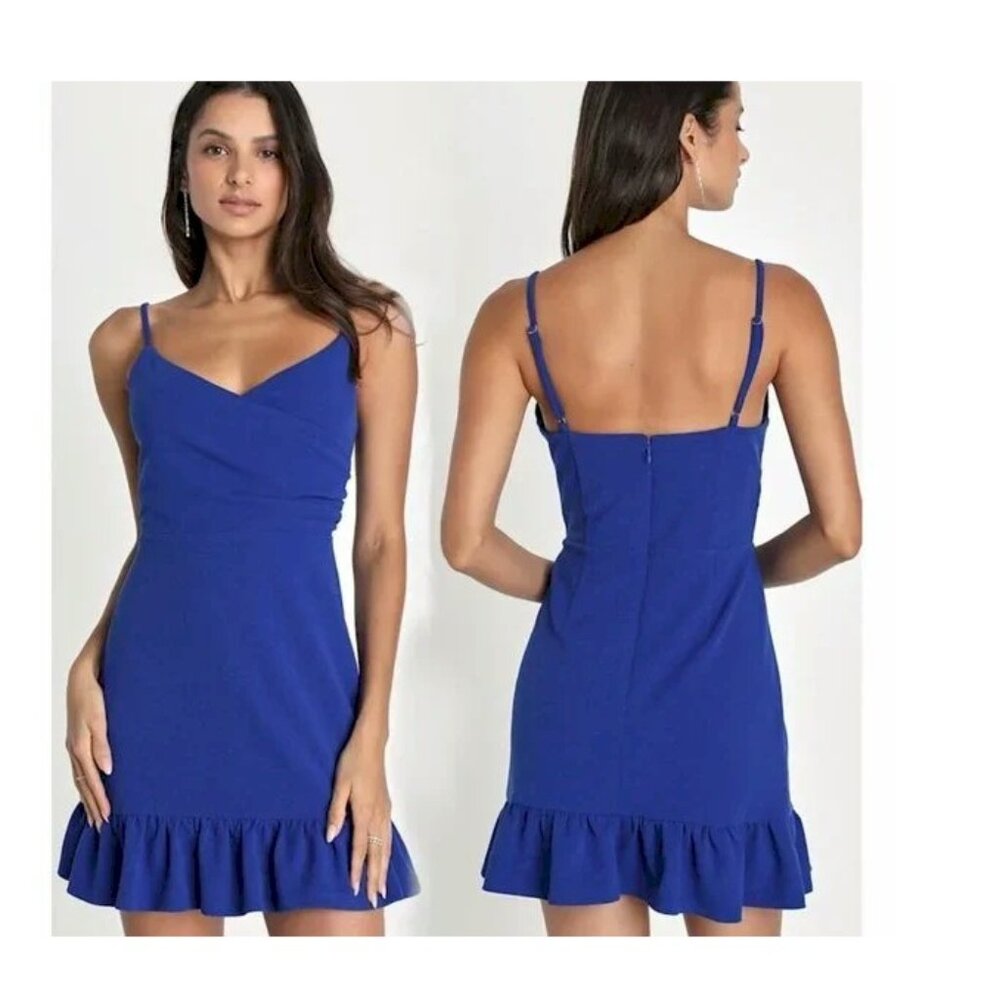 Lulus Impeccable Essence Royal Blue Surplice Tiered Mini Dress Size Small NWOT